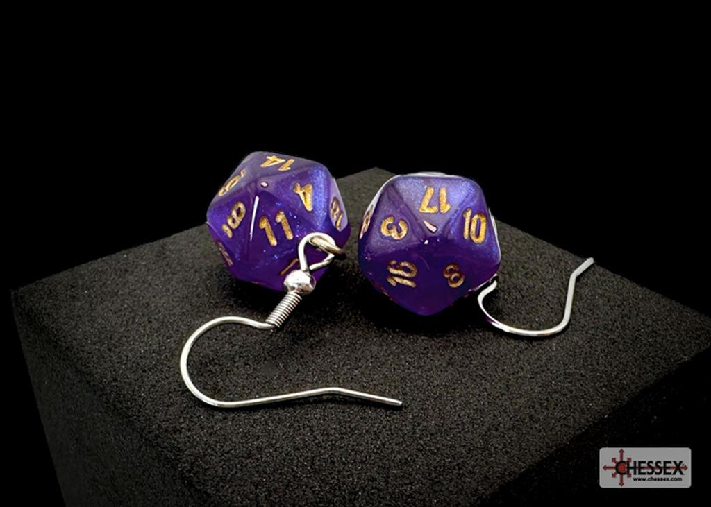 Chessex Hook Earrings Borealis Royal Purple Mini-Poly d20 Pair