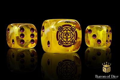 Conquest - Sorcerer Kings Faction Dice on Grey and Magenta swirl Dice