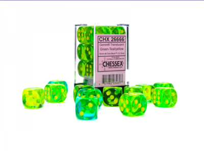 Gemini 16mm d6 Translucent Green-Teal/yellow Dice Block (12 dice)